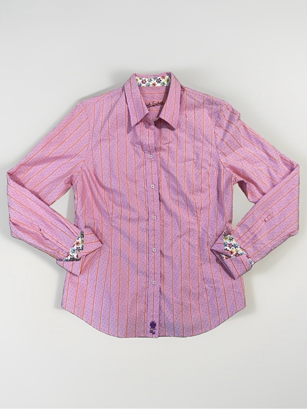 Robert Graham Priscilla Pink Cotton Button Embroidered Shirt Floral Trim L RARE